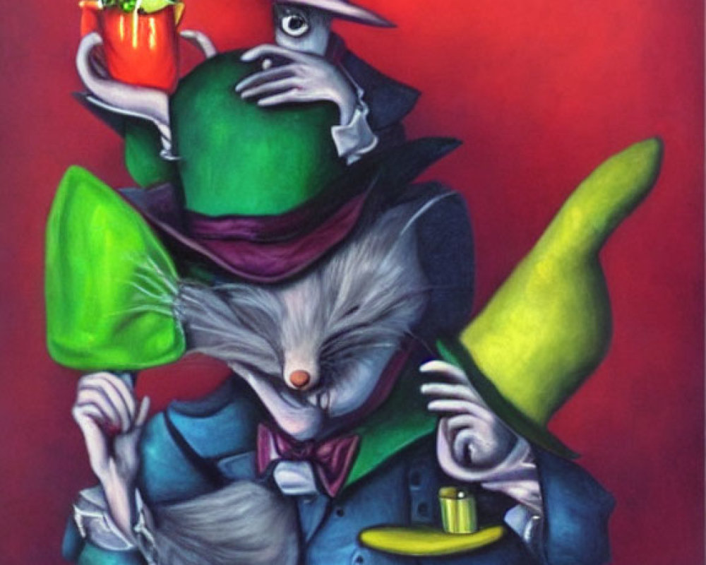 Colorful Anthropomorphic Wolf Painting with Teacup and Teapots