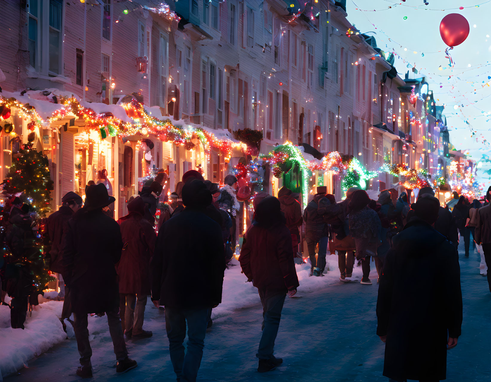 Snow-covered street with Christmas lights and red balloon in evening sky