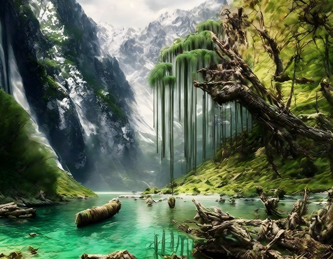 Mystical landscape with lush forest, waterfall, mountain peaks, and serene lake