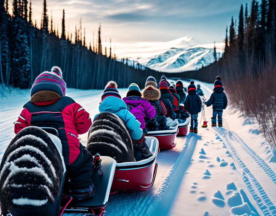 Group of People Sled in Winter Clothing on Snowy Trail