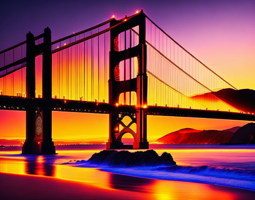 Vivid purple and orange sunset over Golden Gate Bridge silhouette with reflective ocean water