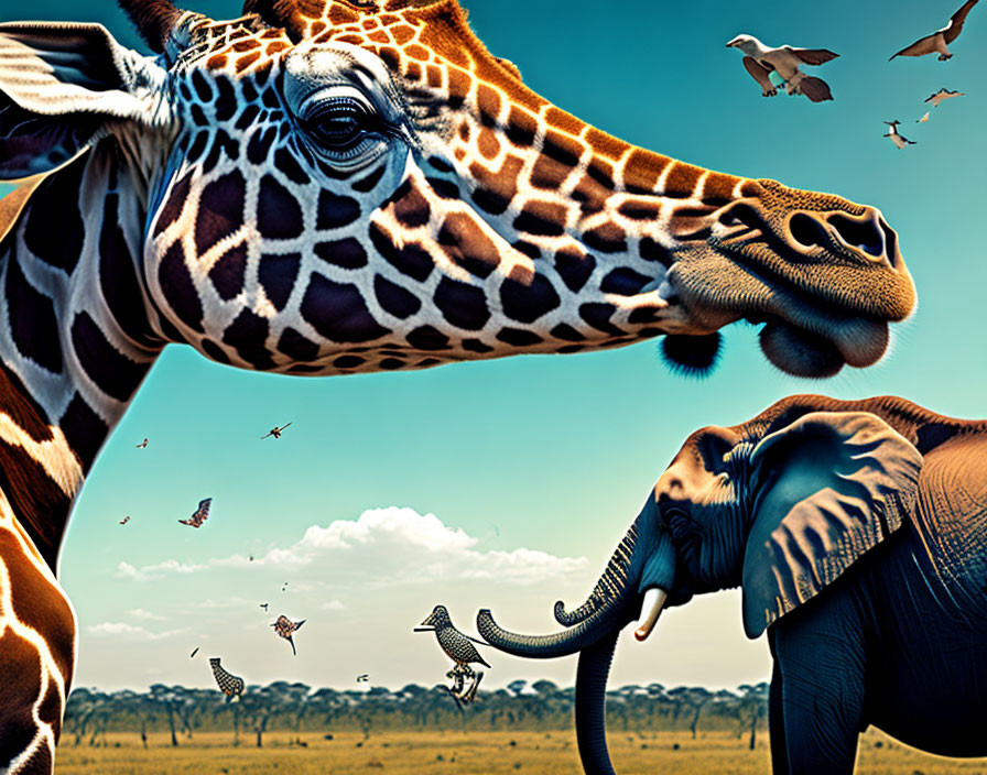 Giraffe and Elephant with Birds on African Savanna