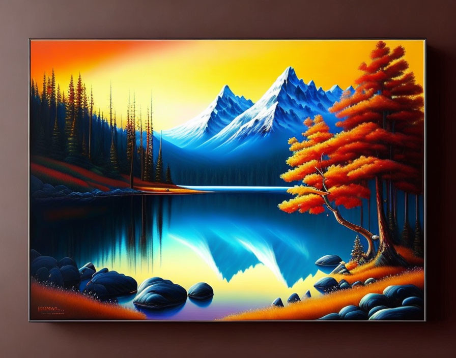 Colorful mountain landscape with lake at sunset/sunrise, autumn trees, and dark stones