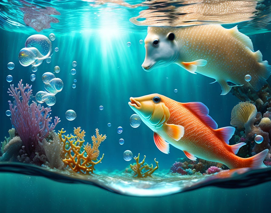 Colorful Fish and Coral Reefs in Sunlit Underwater Scene