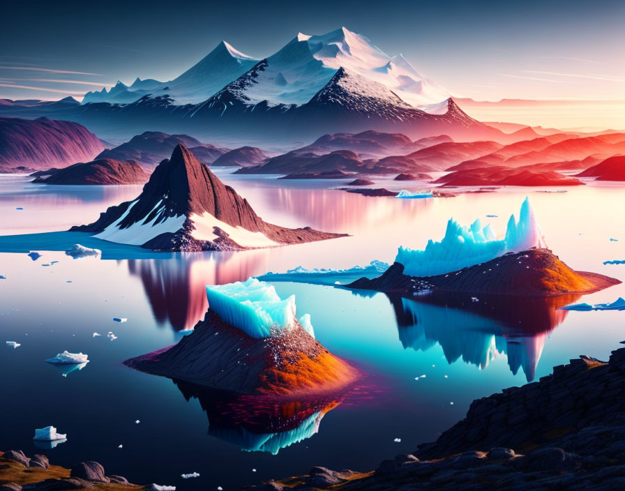 Tranquil waters with icebergs, snowy mountains, colorful sky