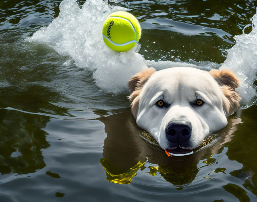 White Dog with Human-Like Eyes Swimming Towards Tennis Ball