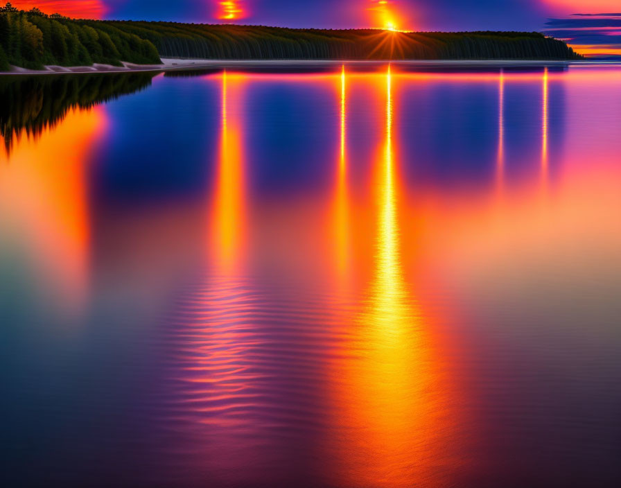 Fiery sunset reflected on calm lake with silhouetted trees