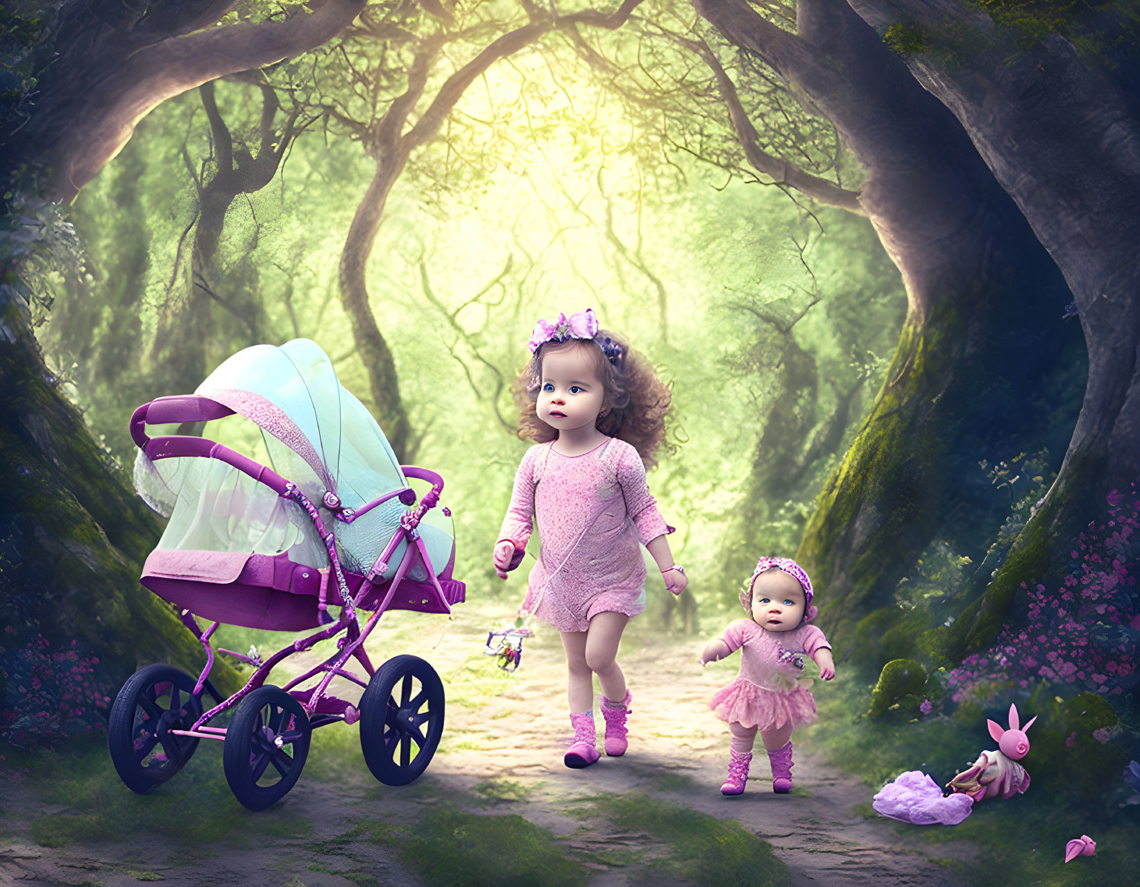 Toddler girl in pink dress with toy stroller in magical forest