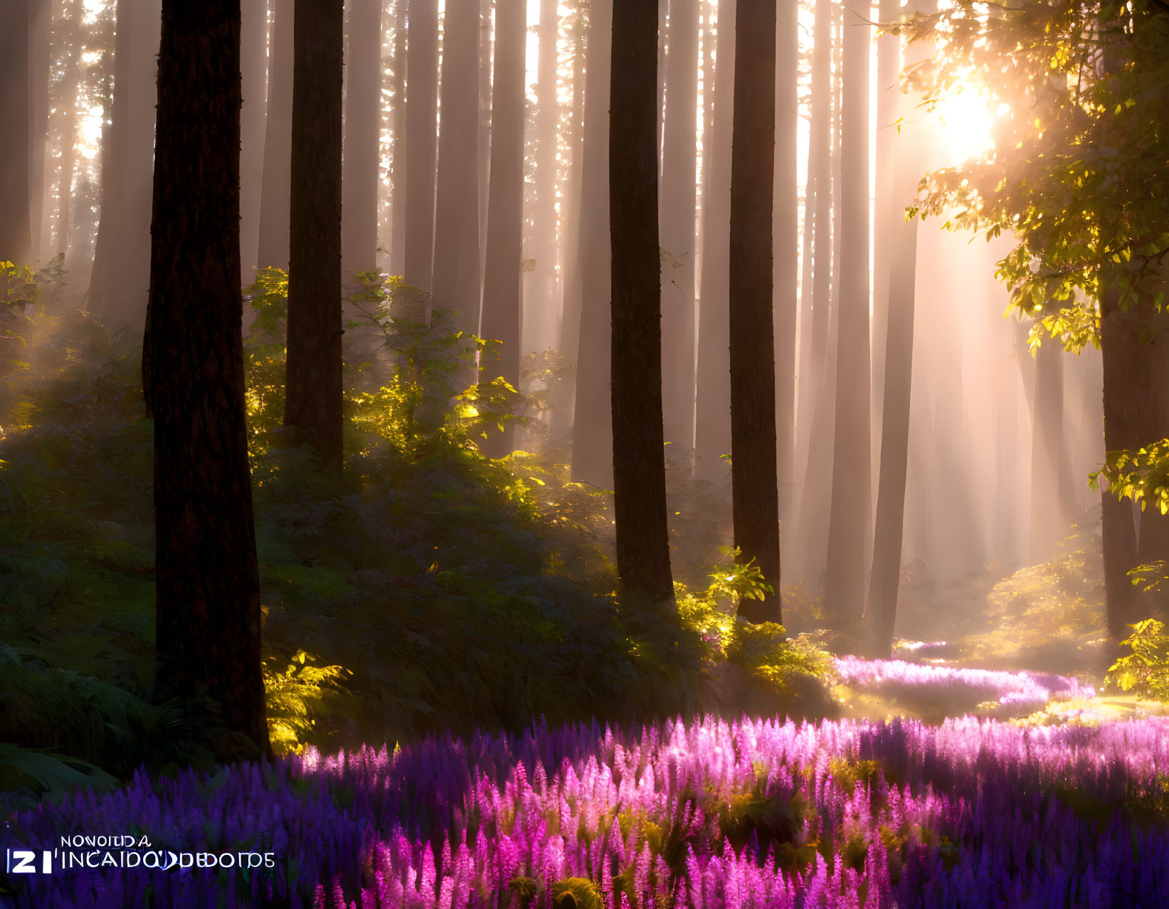 Misty forest with sunlight filtering through purple flowers