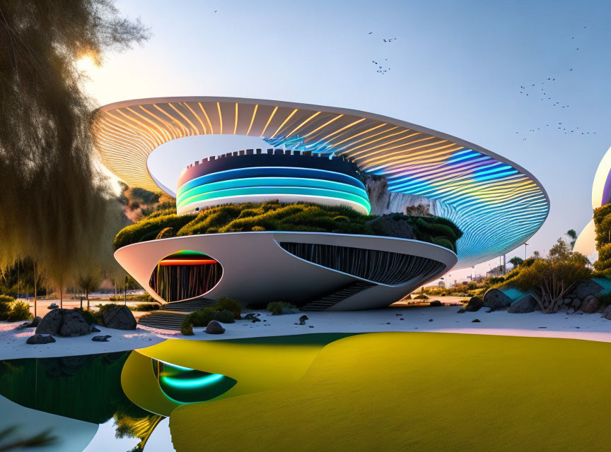 Layered Design of Vibrant Futuristic Building by Water with Birds