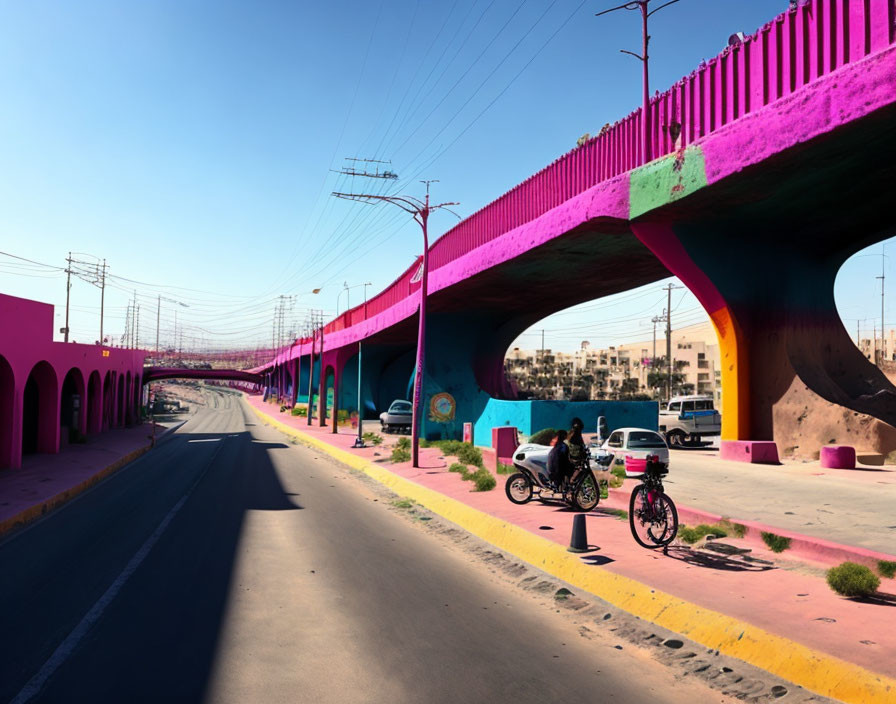 Colorful pink and green overpass with pedestrians and cyclists under clear blue sky