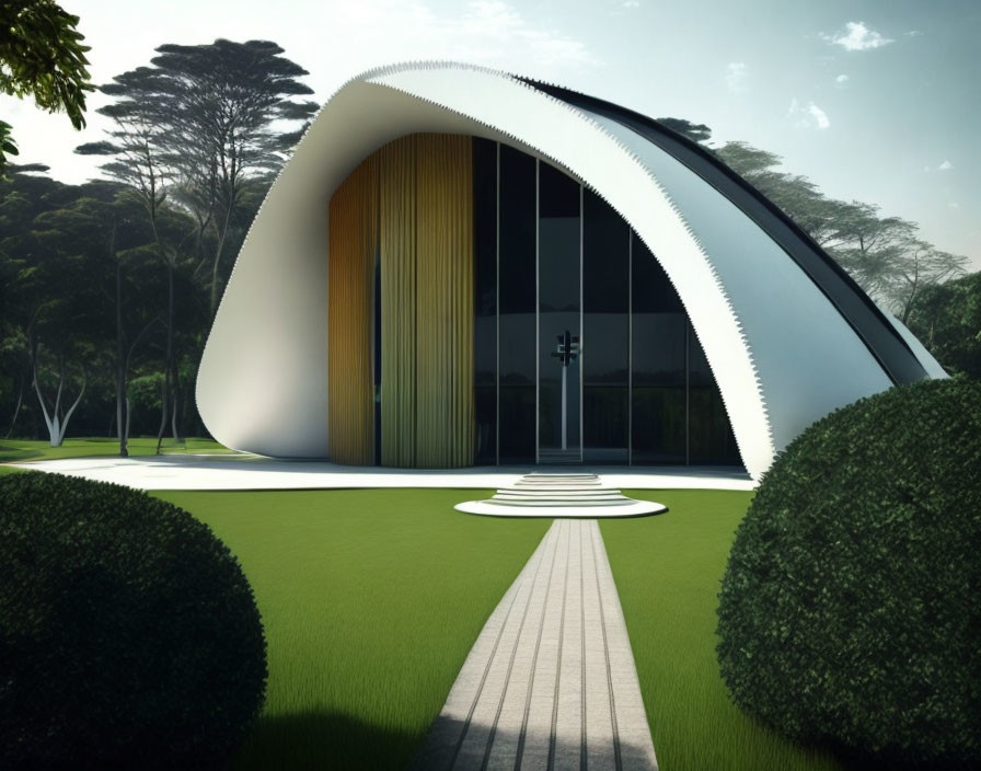 Curved white roof and glass facade architectural building with stone pathway