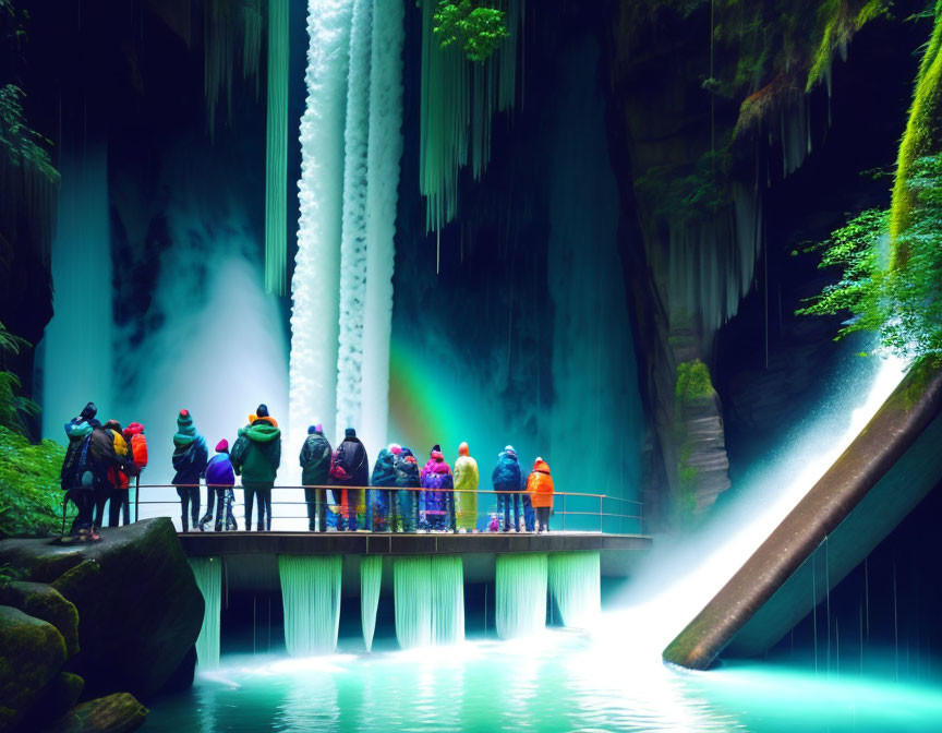 Colorful Jacketed Group Admiring Frozen Waterfall in Green Cave