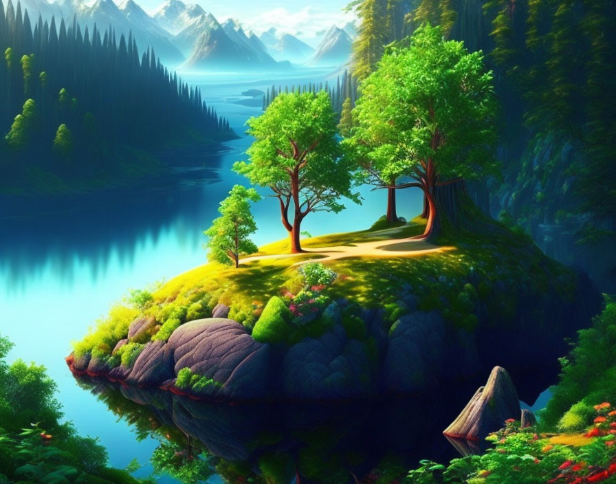 Tranquil digital artwork: Floating island, lush trees, calm river, mountains, blue sky