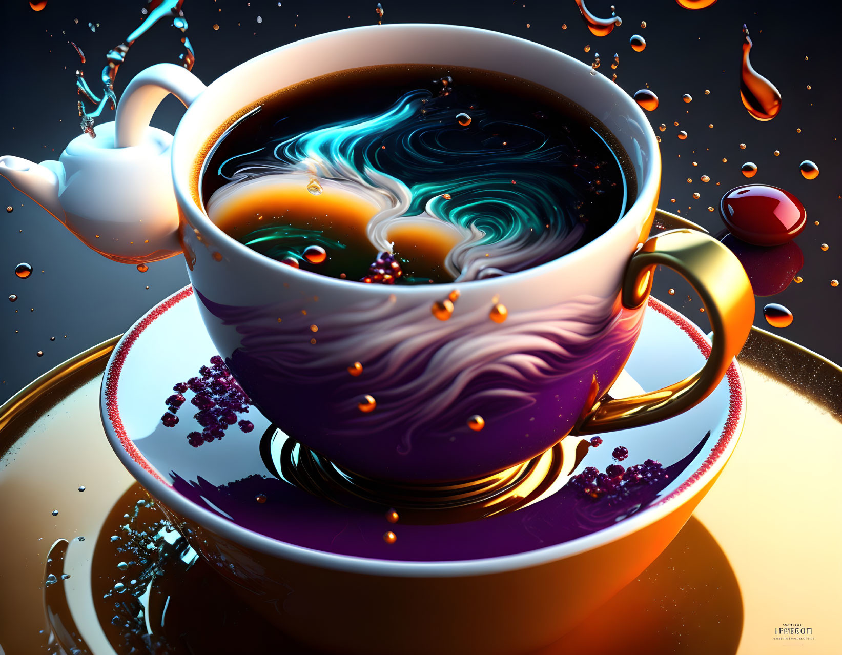 Colorful swirling galaxy in teacup with floating teapot on dark background