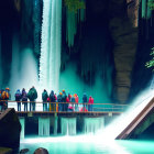 Colorful Jacketed Group Admiring Frozen Waterfall in Green Cave