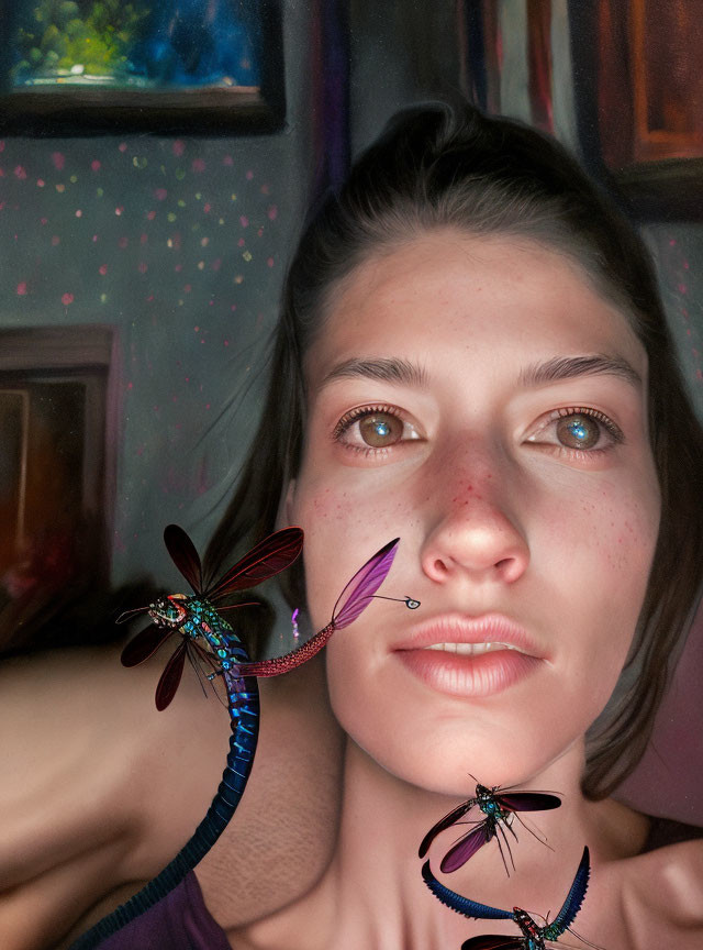 Freckled woman with nose piercing and dragonflies in artistic setting