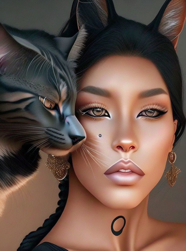 Woman's face blended with cat's, adorned with makeup and jewelry, creating mystical hybrid.