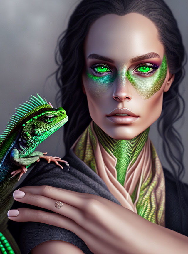 Digital artwork: Woman with green makeup matching iguana colors