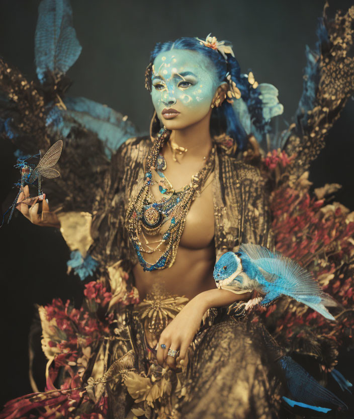 Fantasy makeup and attire with blue skin, dragonfly, and chameleon on dark background