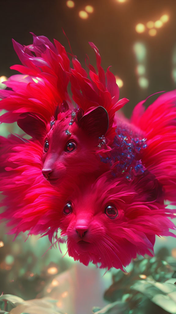 Vibrant pink fantasy creatures in lush floral setting