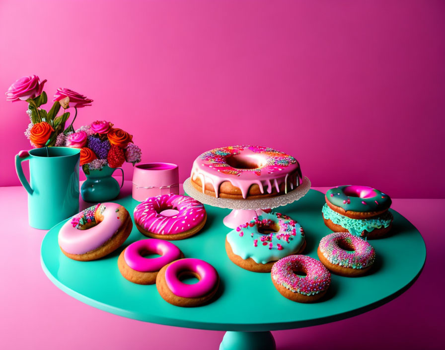 Vibrant donuts, mug, and flowers on teal table with pink backdrop