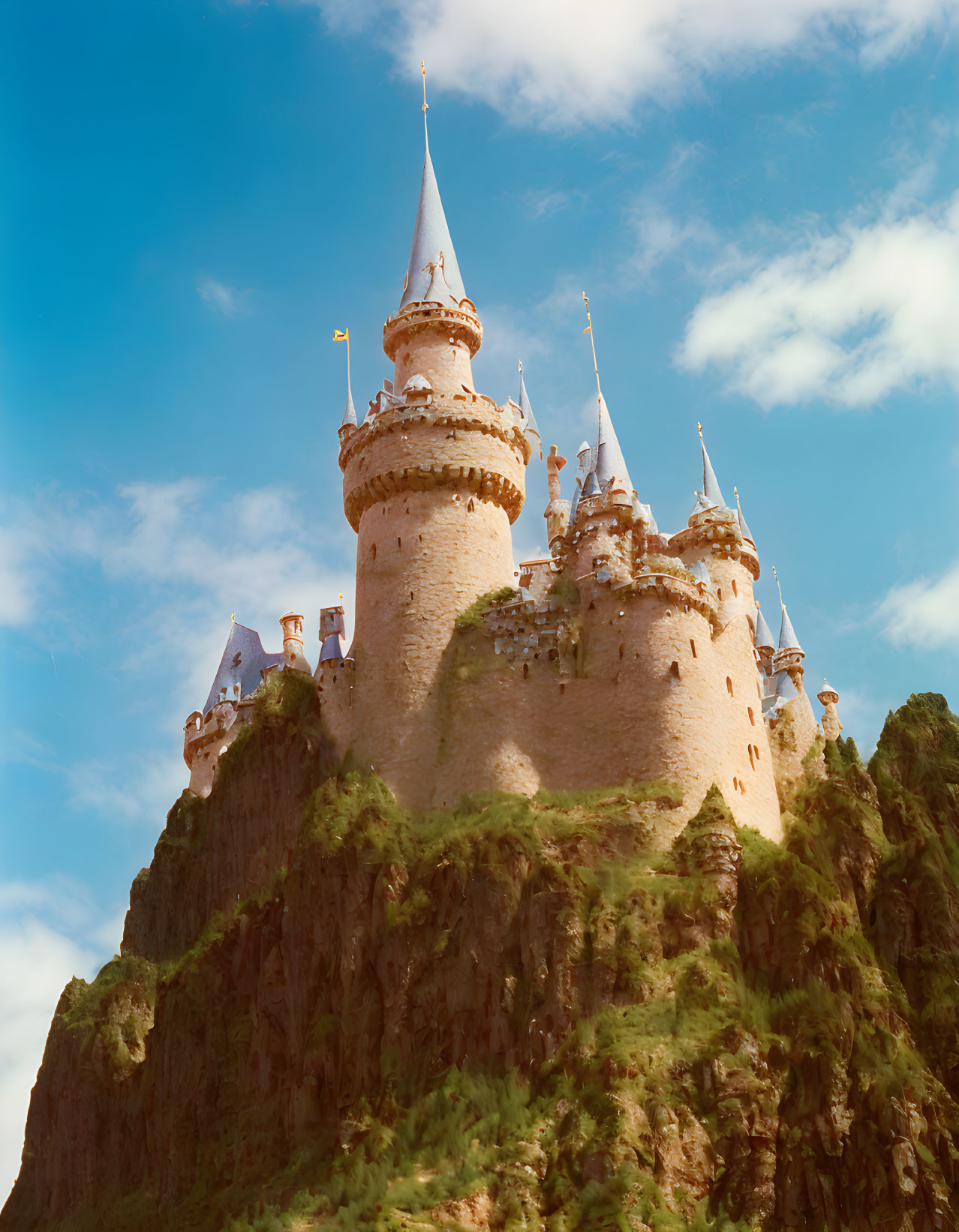 Majestic fairy tale castle on lush green hill under blue sky