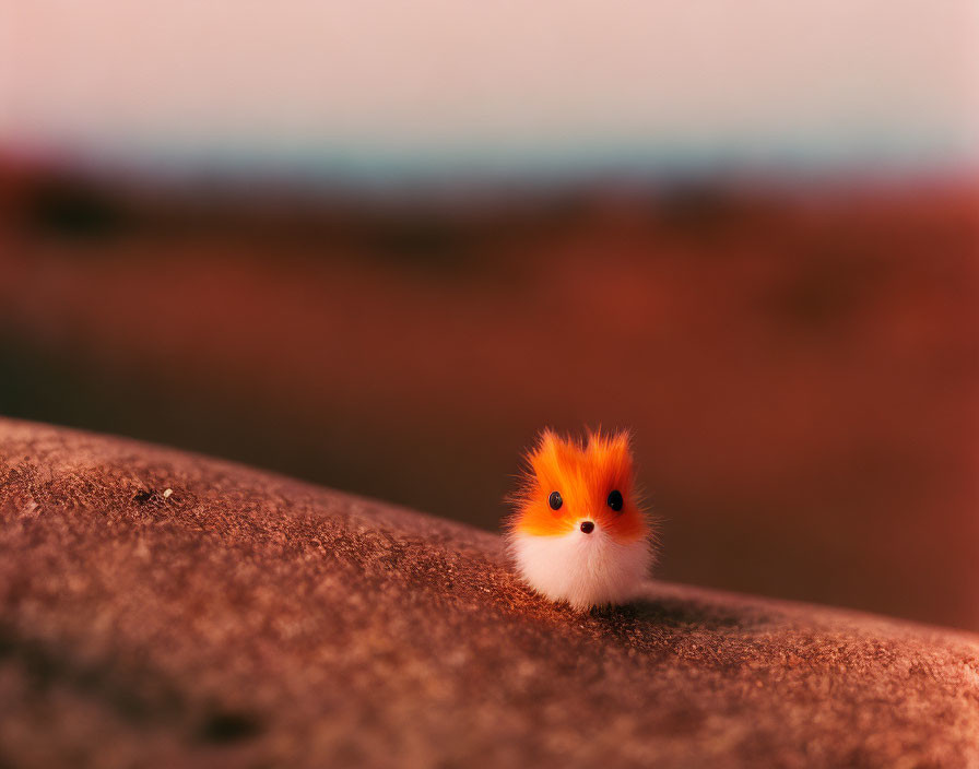 Fluffy orange toy with two eyes on rocky surface against blurred background