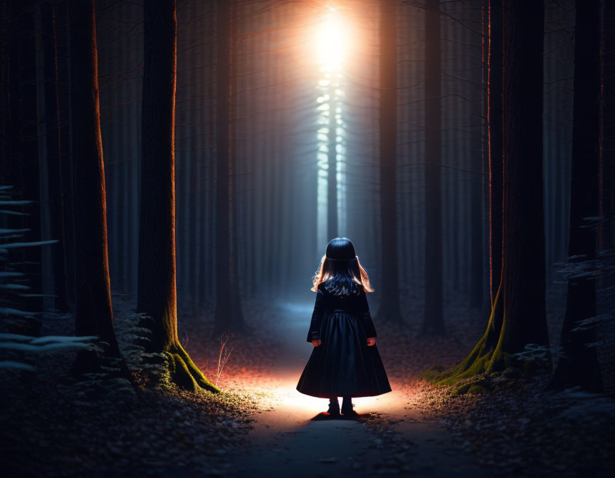 Person in dark dress gazes into bright light in misty forest path