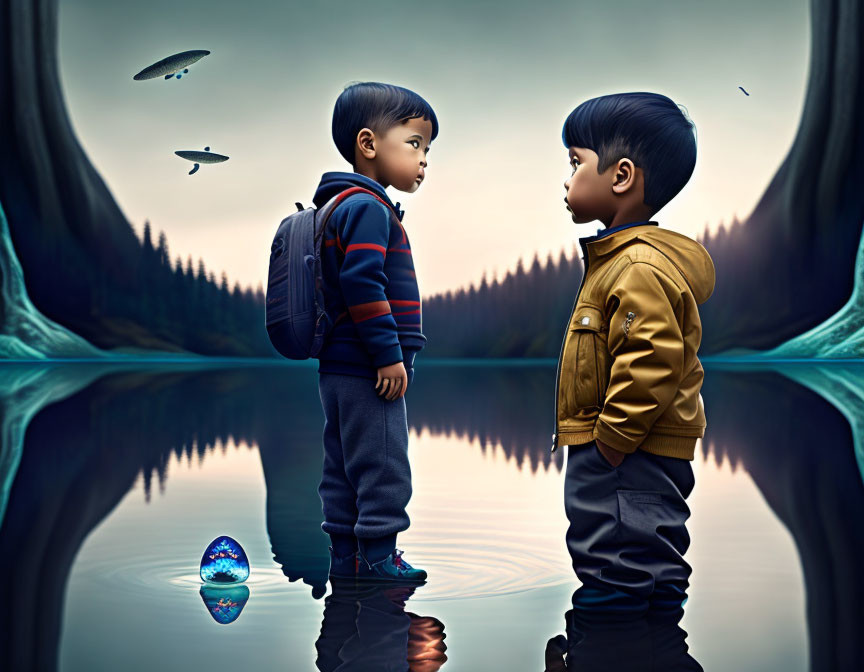 Surreal artwork: Two boys by reflective lake with floating fish and glowing egg