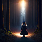 Person in dark dress gazes into bright light in misty forest path