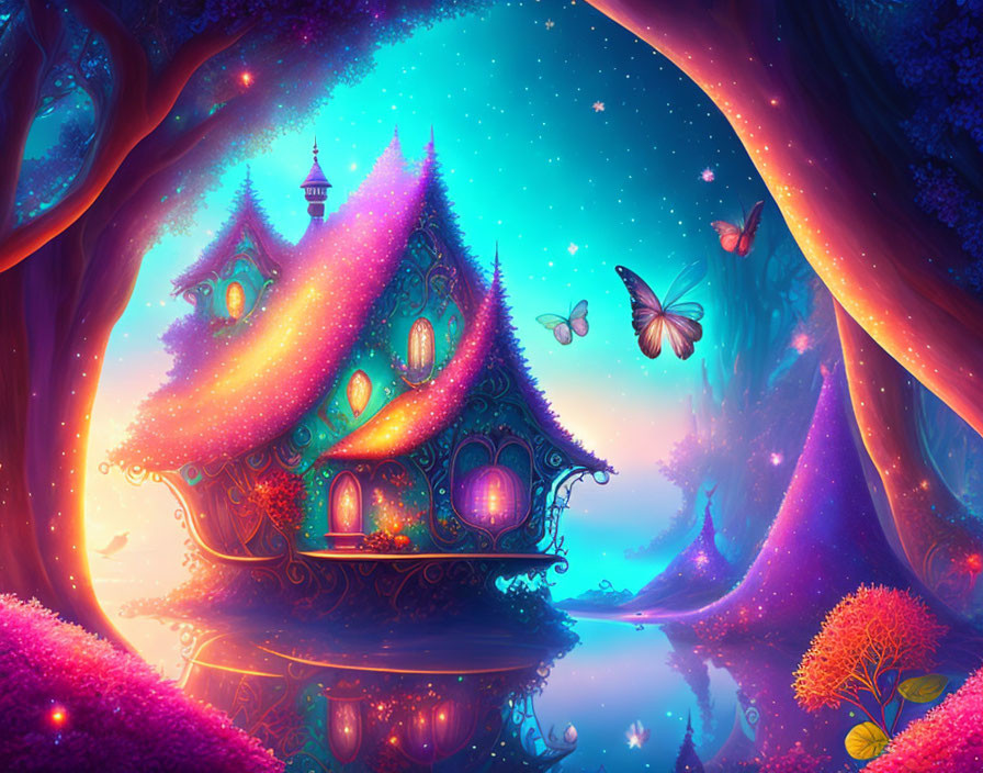 Colorful Glowing Treehouse in Fantasy Landscape