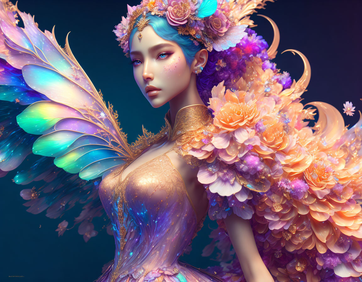 Fantastical female figure with iridescent butterfly wings and golden attire.