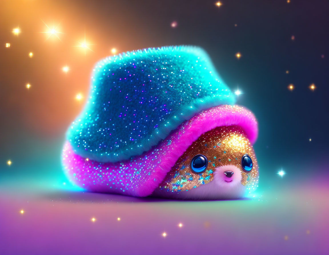 Glittery animated creature with shiny eyes under a sparkling hat