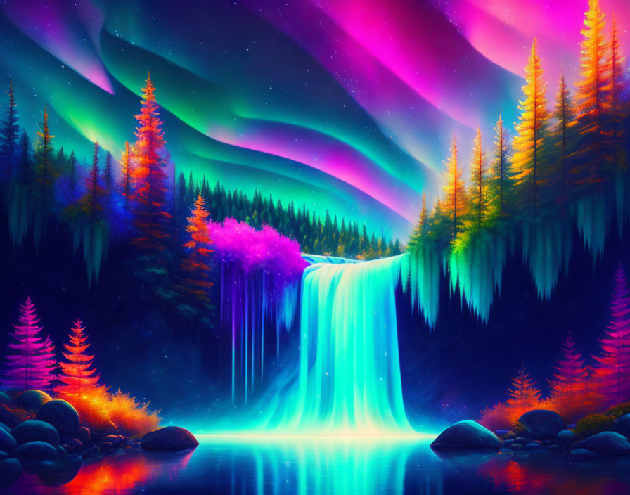 Colorful aurora-lit night sky over luminous waterfall & pine trees by serene lake