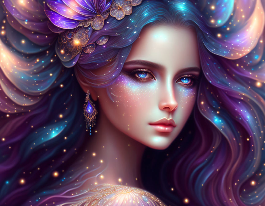 Illustrated portrait of woman with galaxy hair, blue eyes, floral accessory, teardrop earring