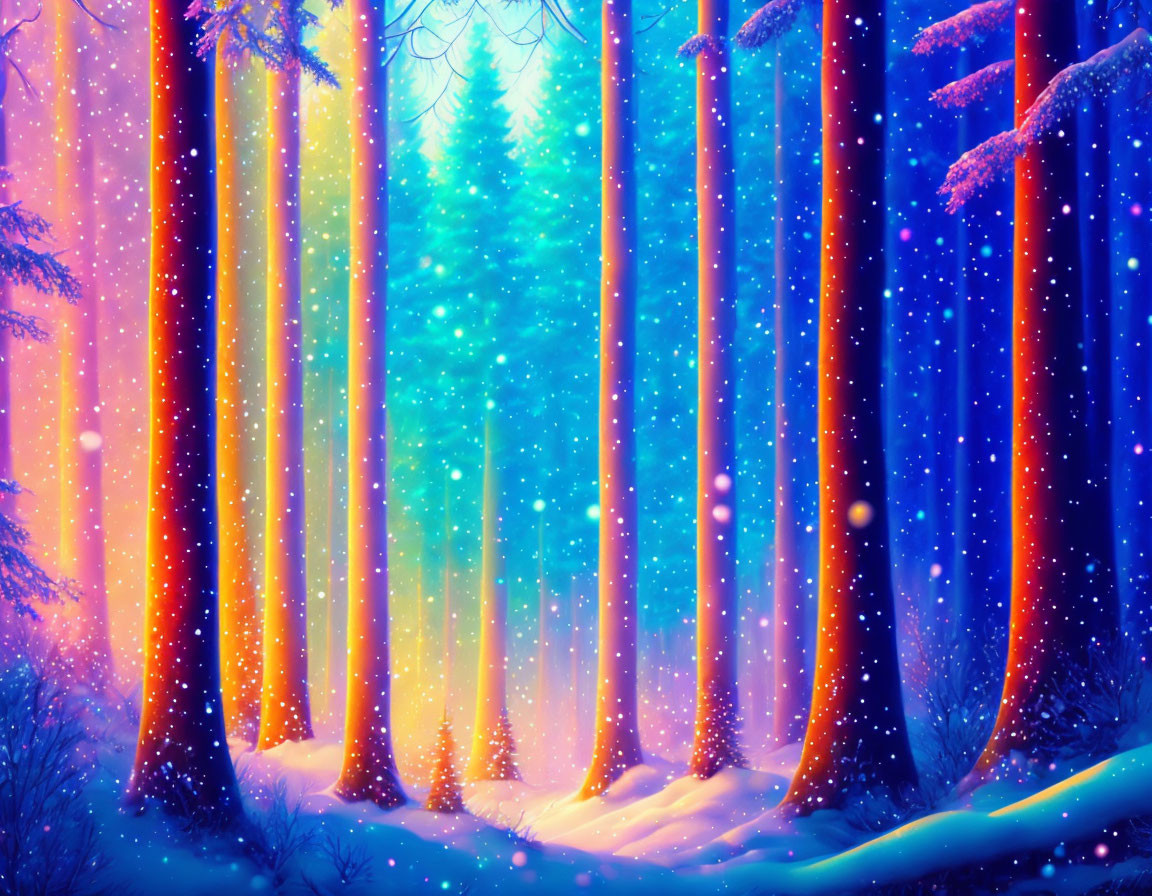 Colorful Snowy Forest at Twilight with Falling Snowflakes