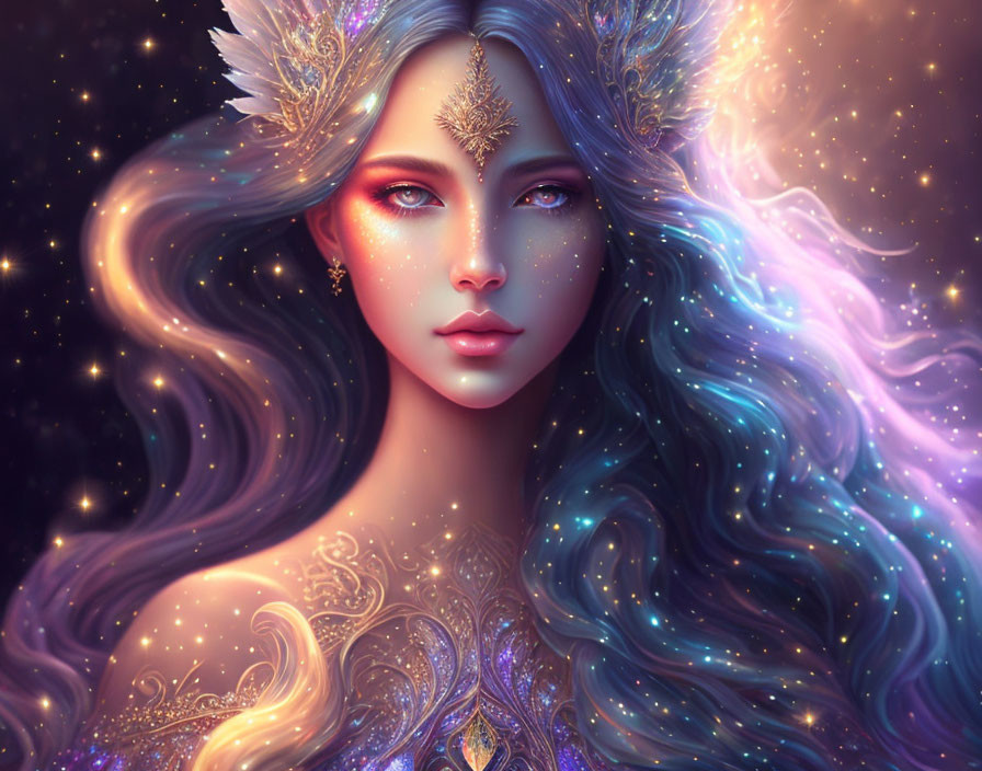 Multicolored Hair Woman in Ornate Attire on Starry Background