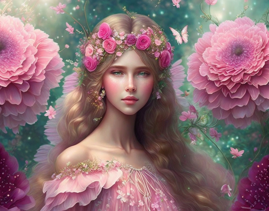 Digital artwork: Woman with floral wreath and pink blooms, ethereal and magical.