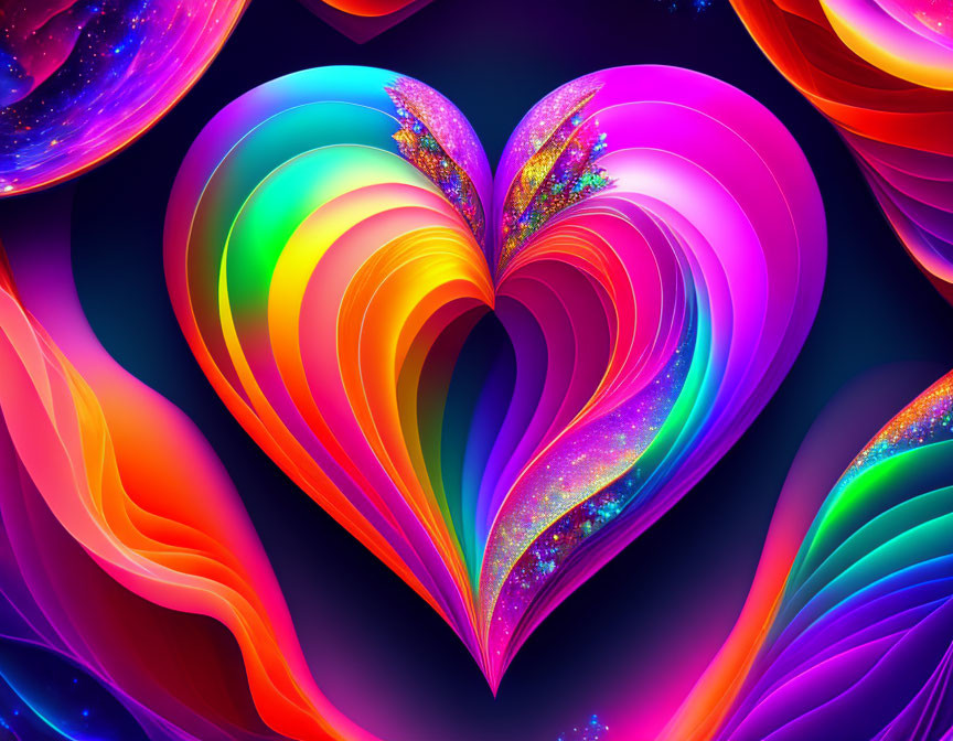 Colorful Heart Shape Artwork with Glitter Accents on Dark Background