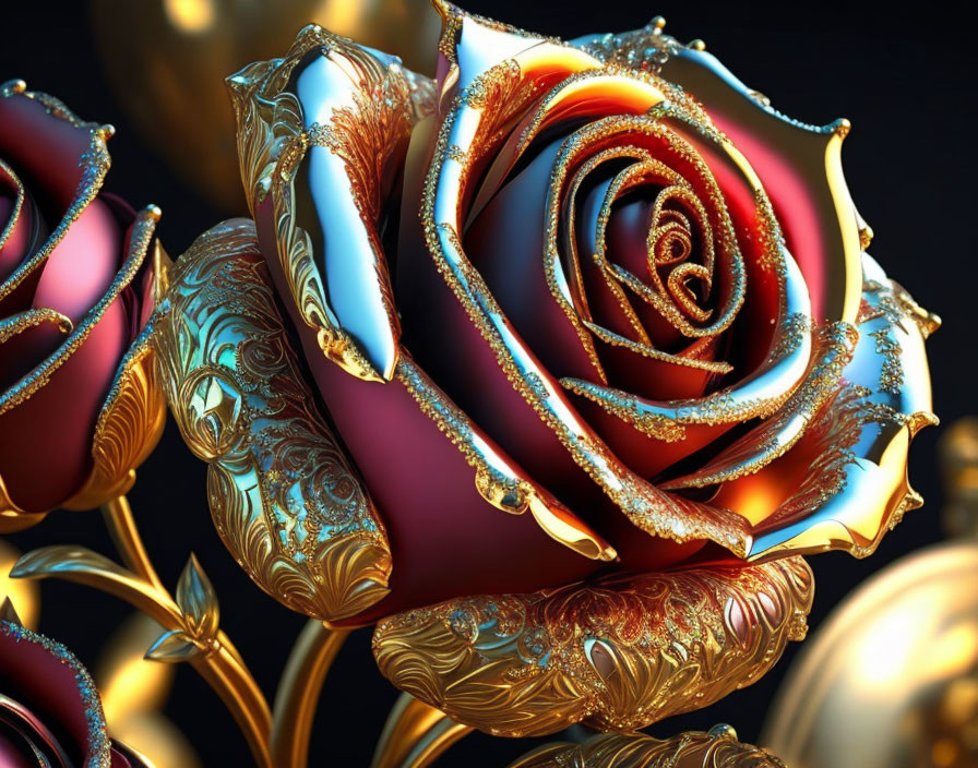 Intricate golden patterns on a digital rose against a dark backdrop