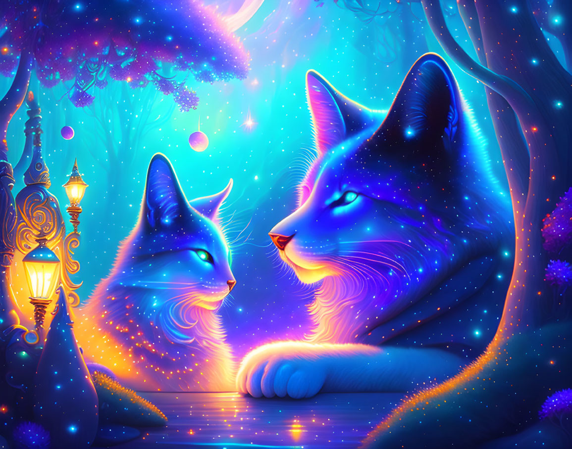 Blue cats with glowing eyes in magical starry forest with lantern