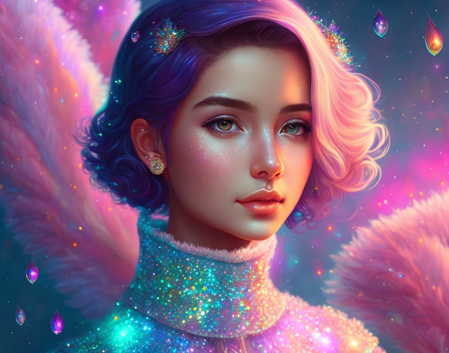 Digital Artwork: Female Figure with Violet Hair and Starry Makeup