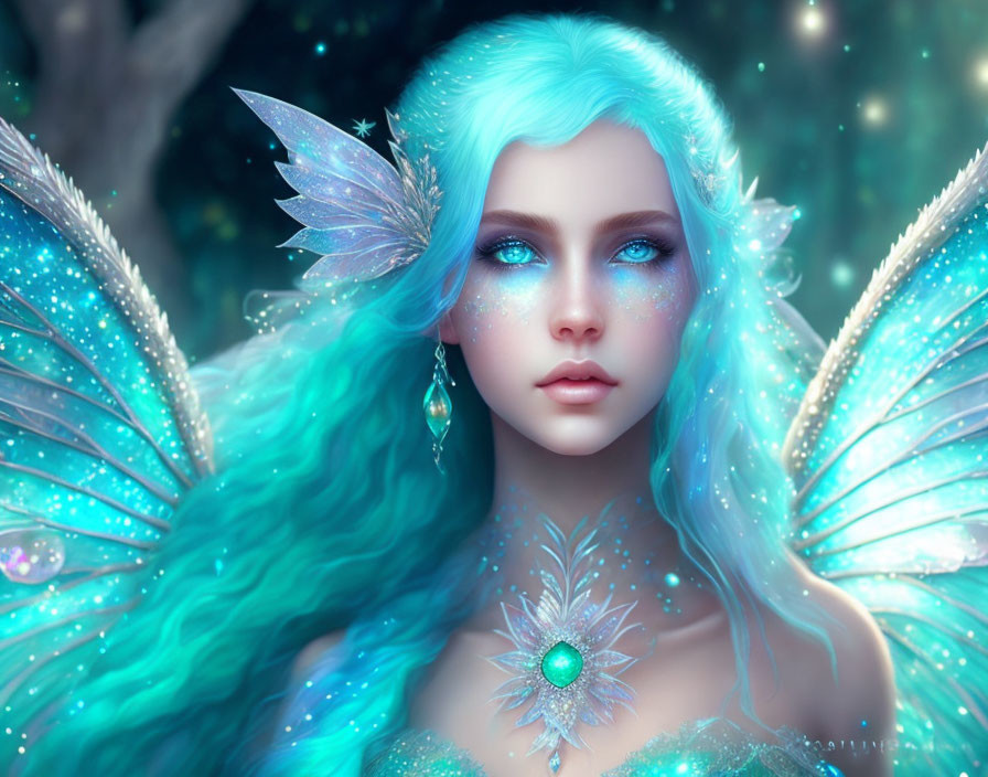 Ethereal figure with blue hair, butterfly wings, starry backdrop