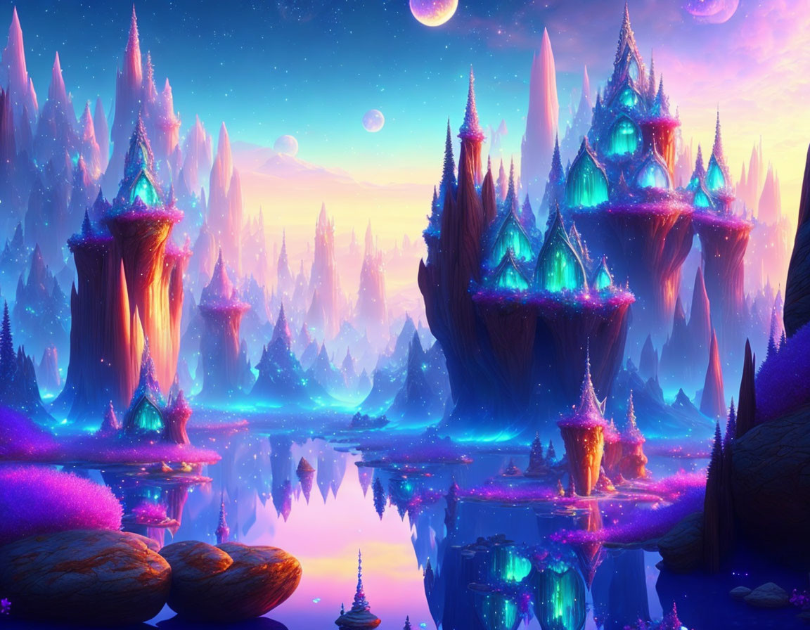 Fantasy landscape with colossal crystals, floating islands, and serene water