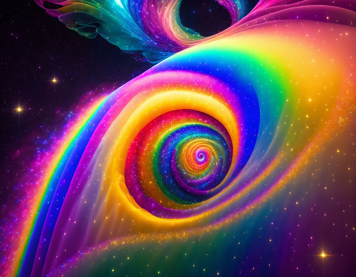 Colorful cosmic scene with swirling rainbow vortex and stars.