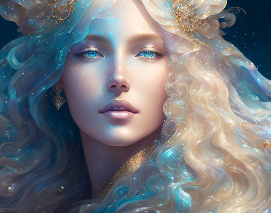 Fantastical digital artwork of woman with golden hair and luminescent freckles