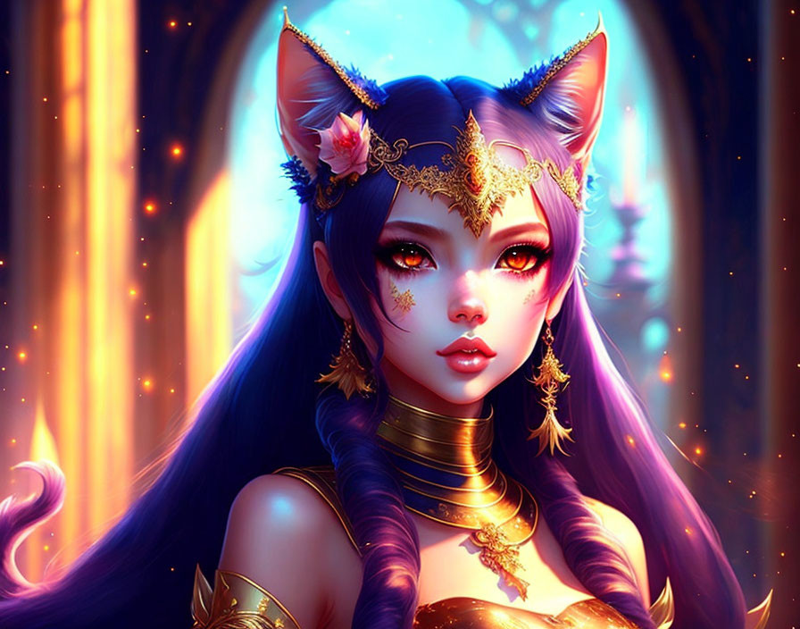 Fantastical female character with cat ears in mystical forest setting