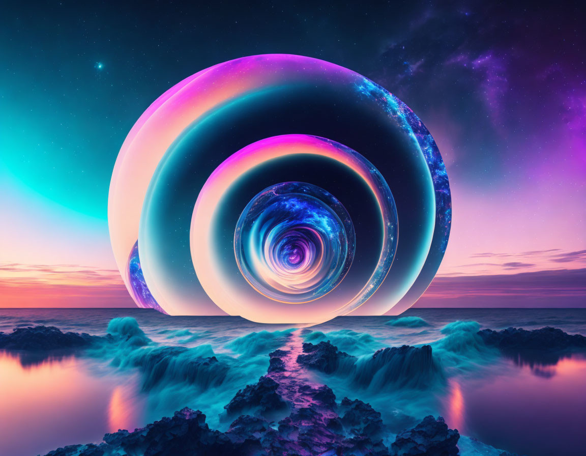 Colorful, spiraling vortex over ocean with rocky shores in surreal landscape