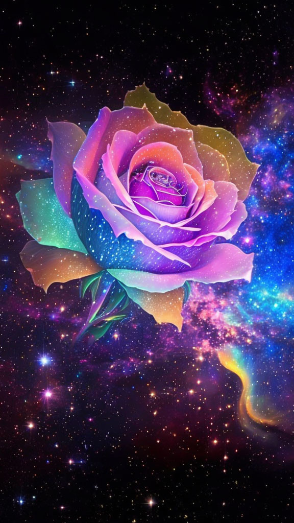 Colorful Pink and Purple Rose on Cosmic Space Background